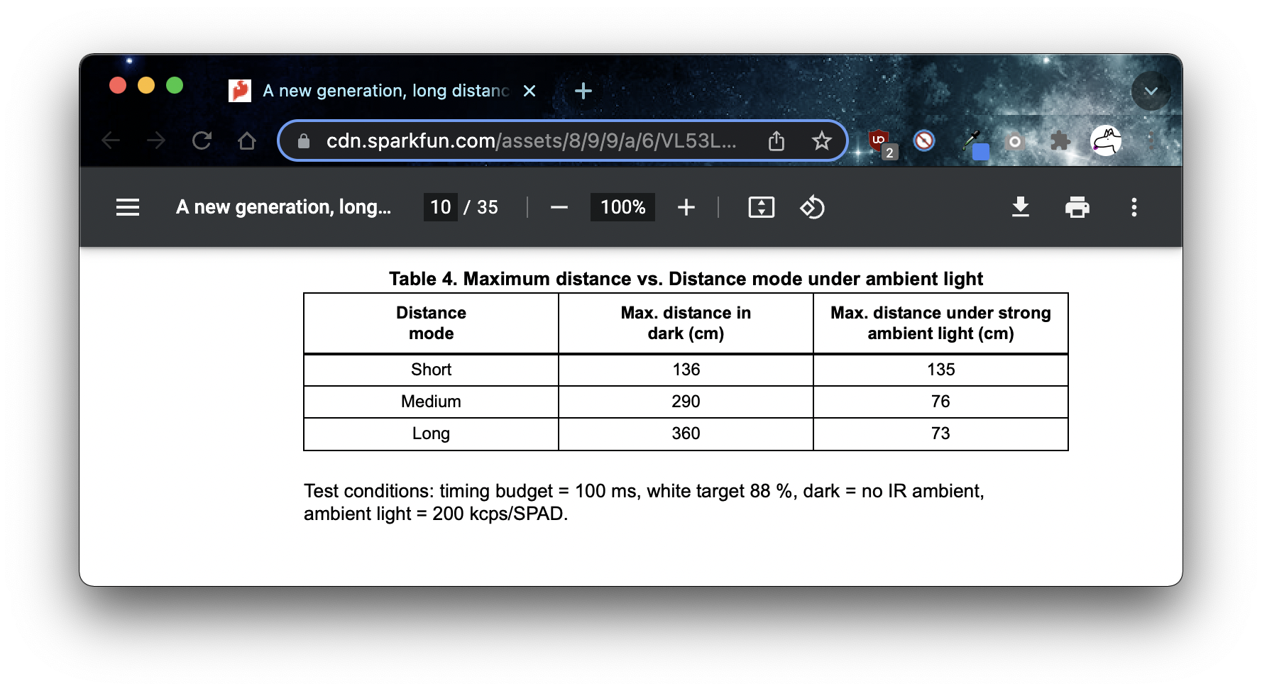 Distance sensing info screenshot