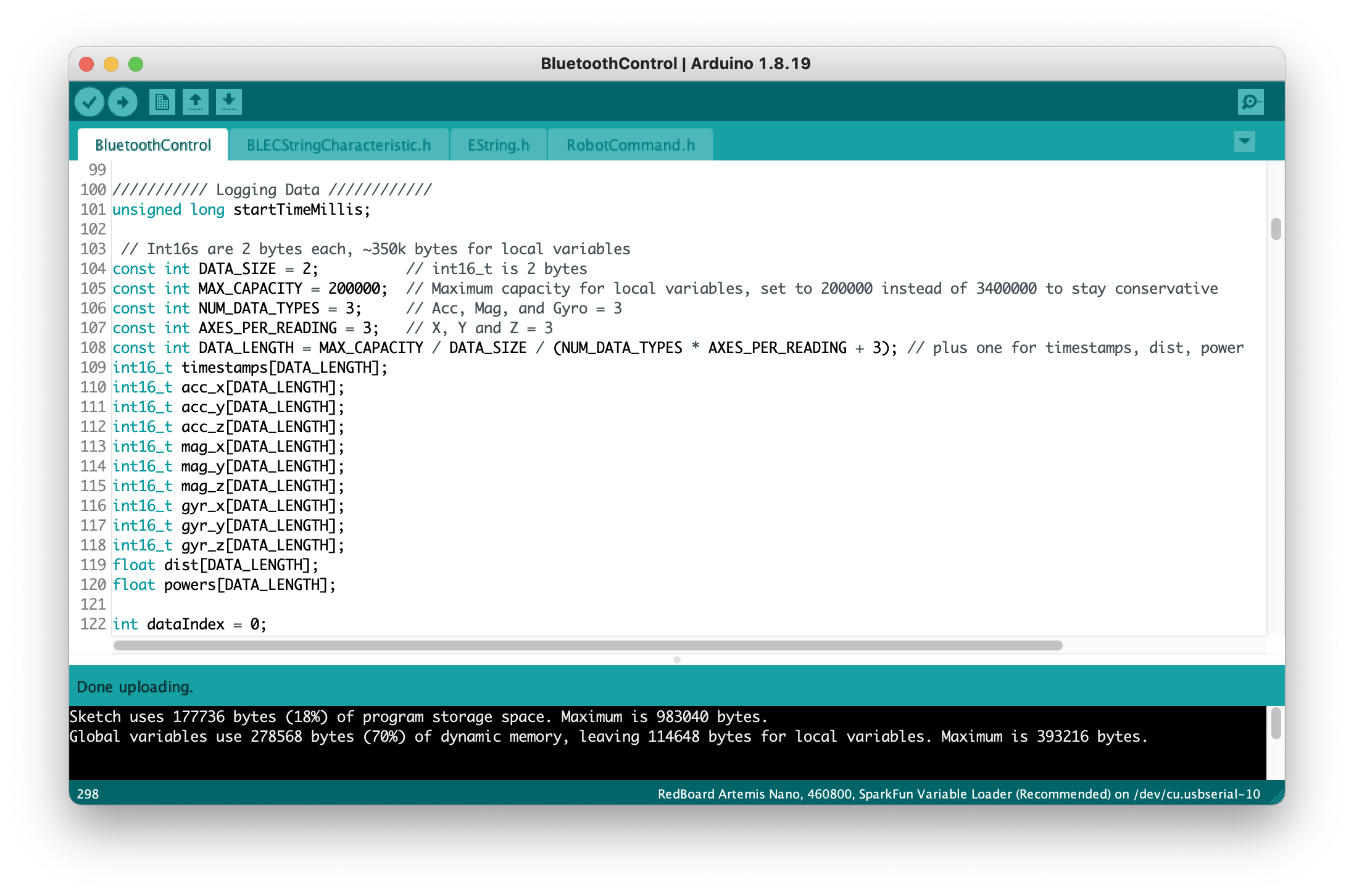 Data logging parameters screenshot