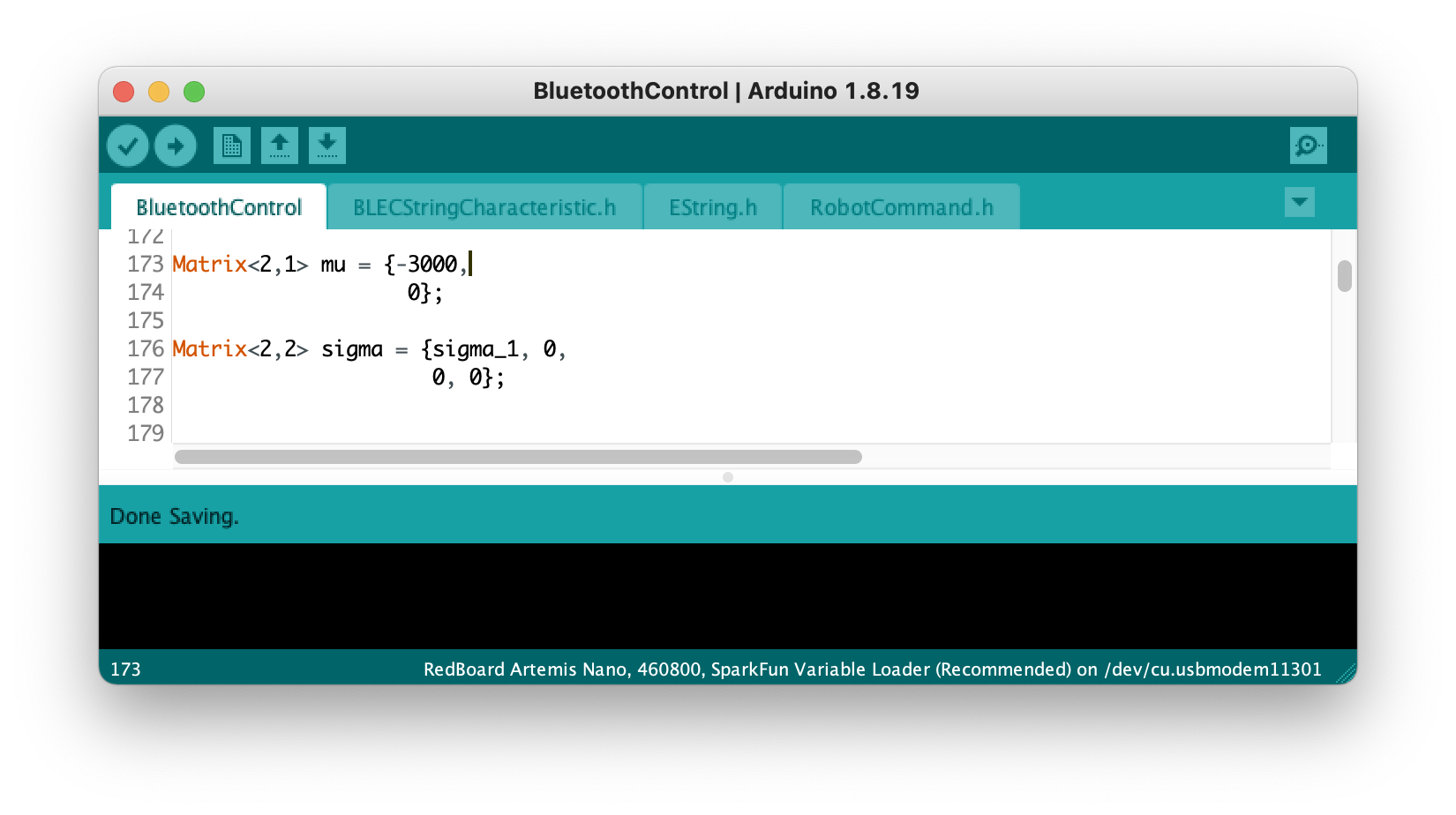 Kalman filter initial conditions in Arduino screenshot