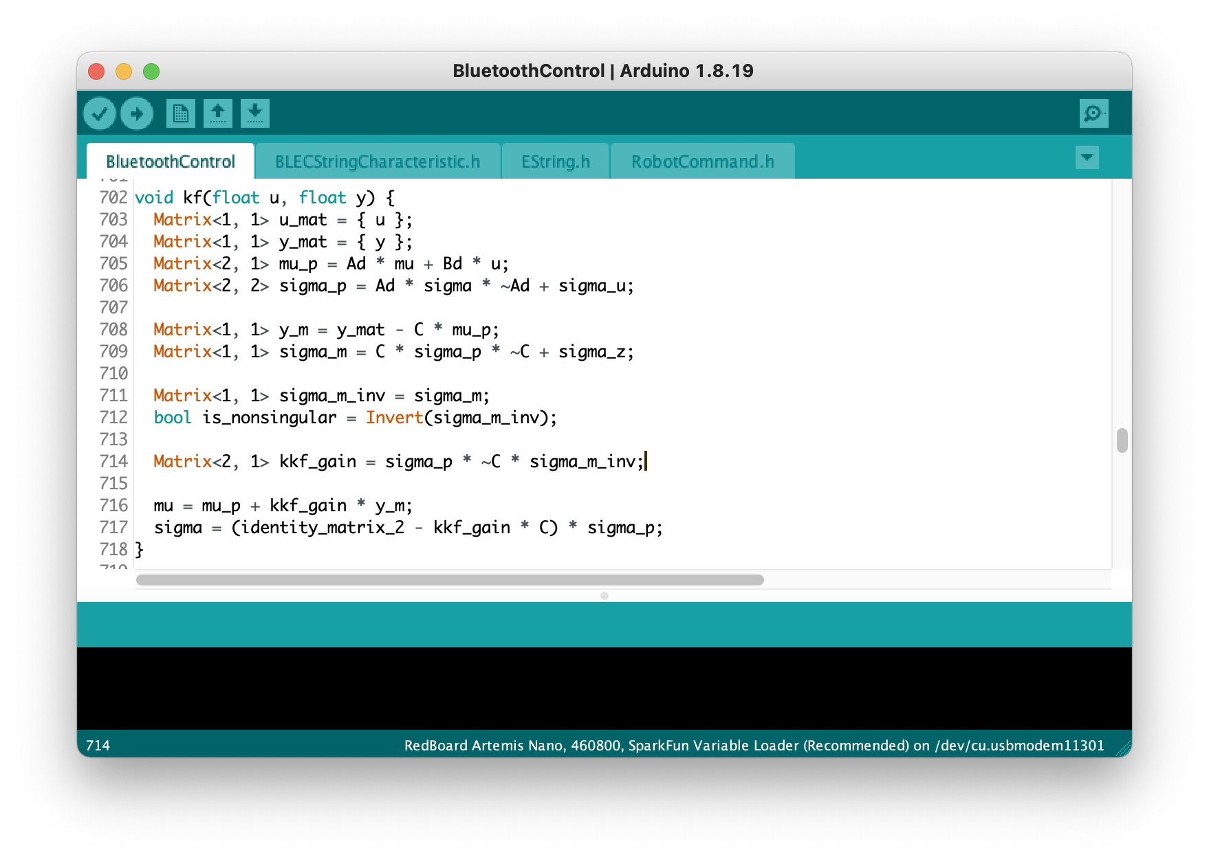 Kalman filter function in Arduino screenshot