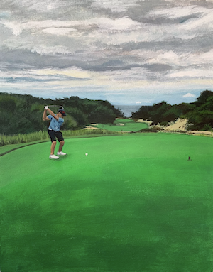 Painting of boy playing golf