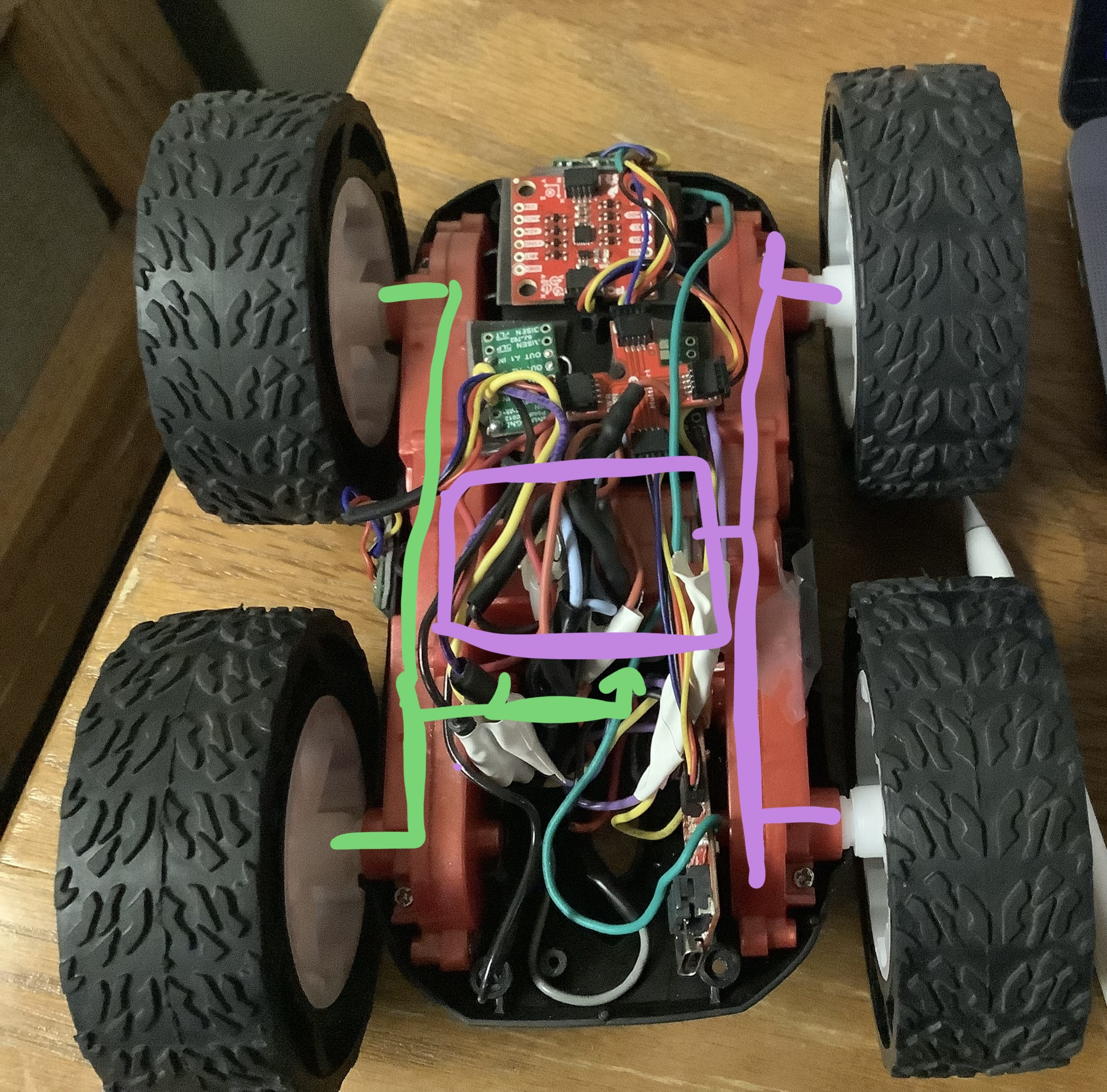 Shows an image outlining the two motors on the car, and which wheels they drive