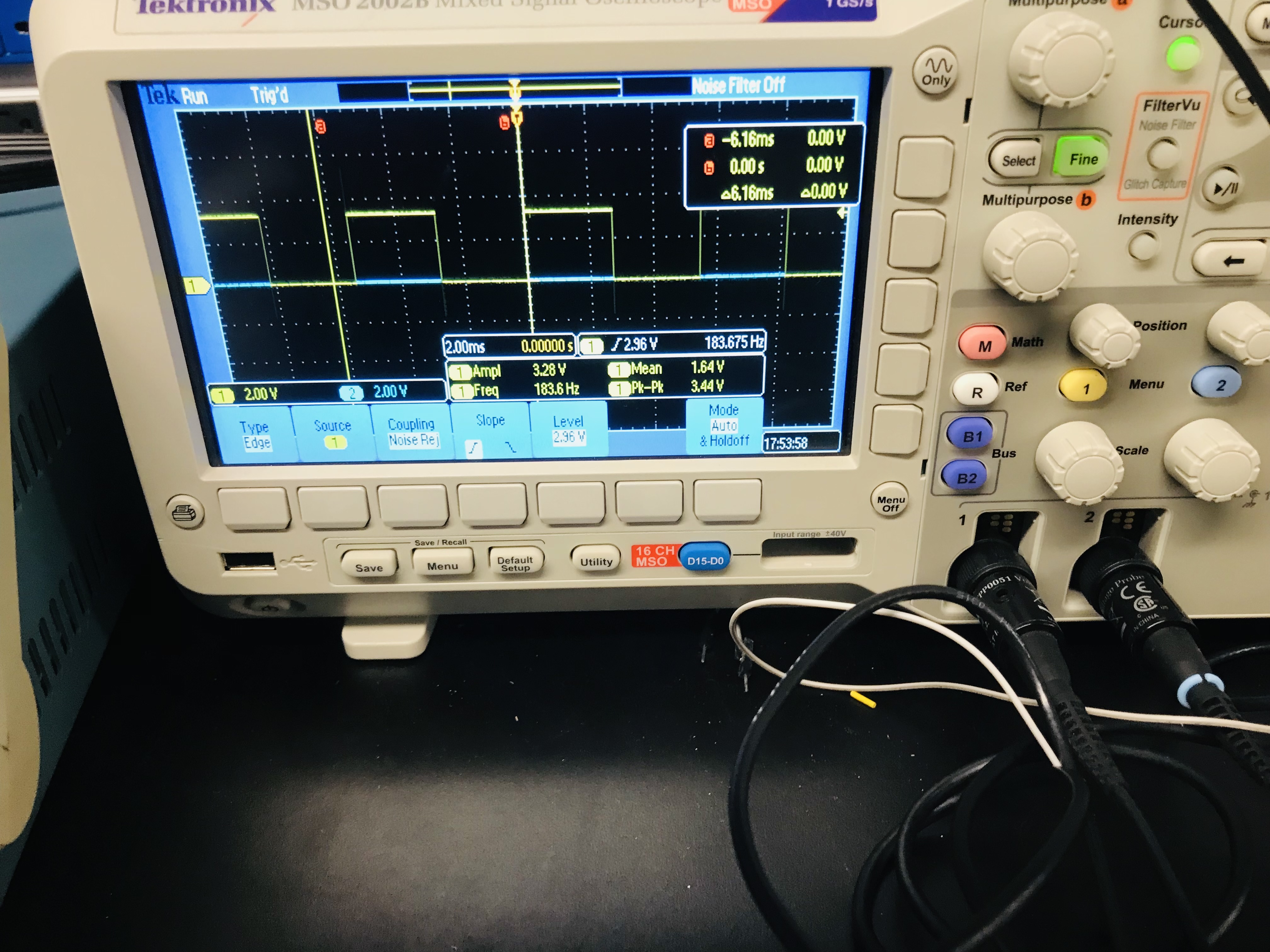 Closeup of the oscilloscope reading. Frequency 183.6Hz, Pk-pk voltage 3.44V.