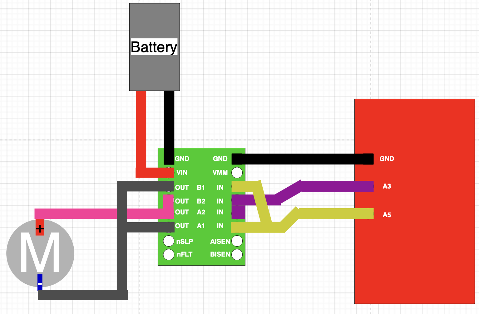 Diagram showing circuitry to connect a motor to its driver & power supply & the Artemis.