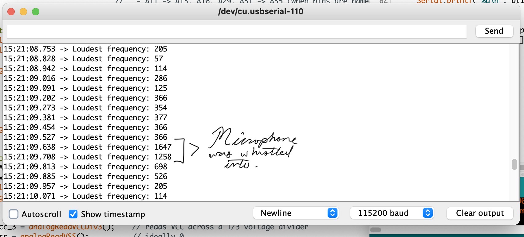 serial monitor displaying the highest frequency note detected by the microphone at several sampling intervals