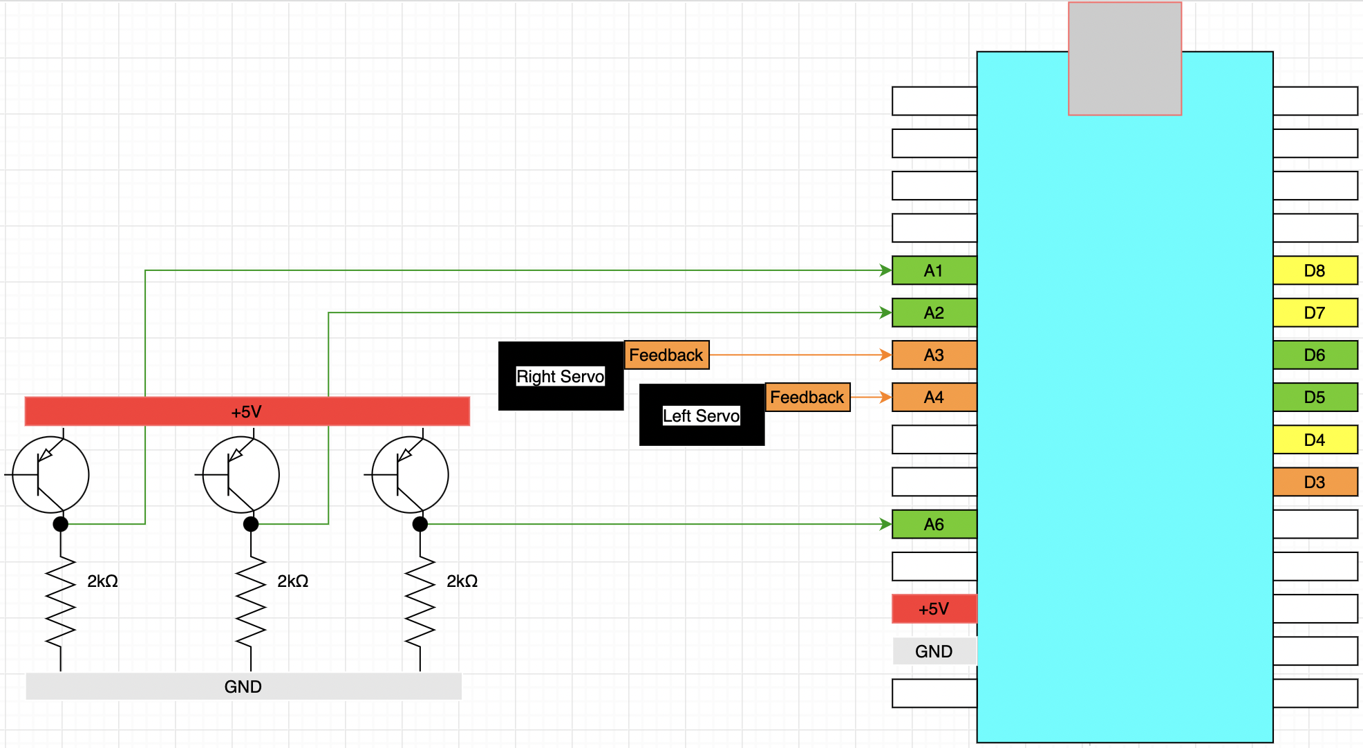 Diagram showing the phototransistor circuits and how they interface with the Arduino